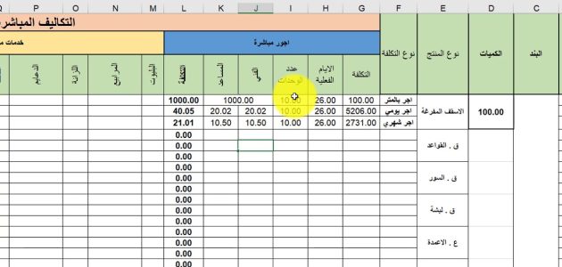 نموذج حساب تكلفة مشروع مقاولات