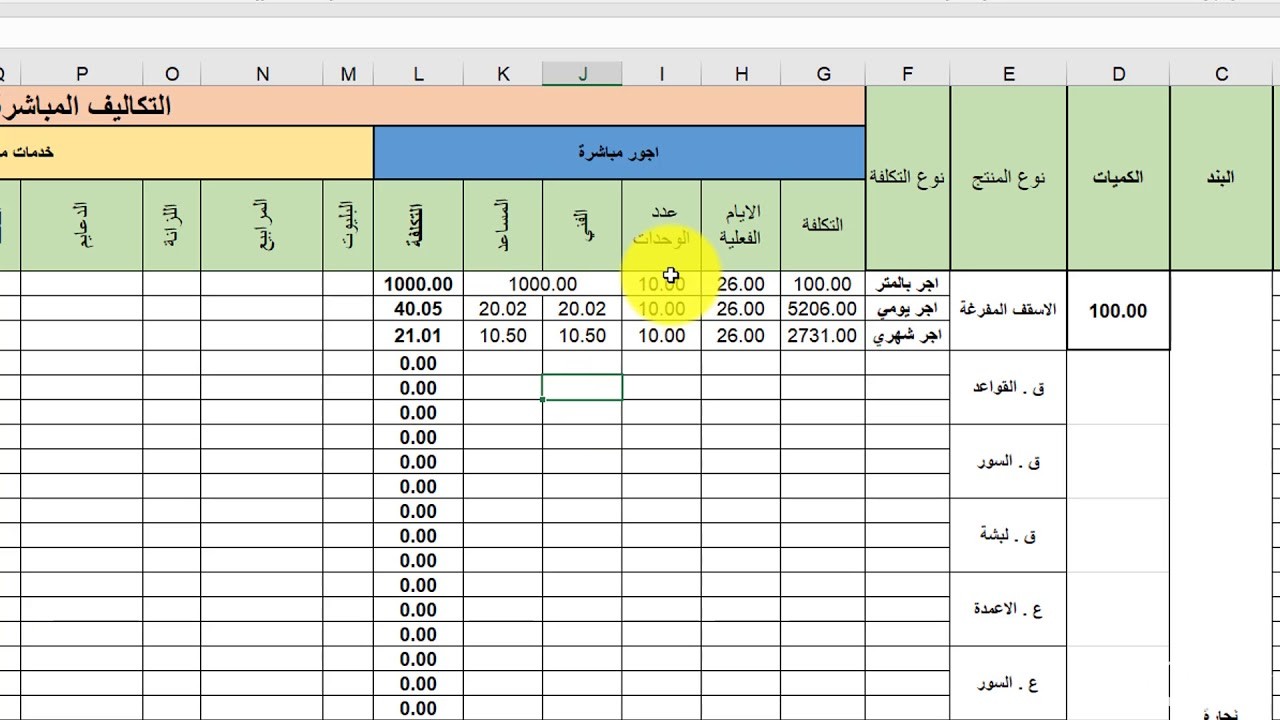 نموذج حساب تكلفة مشروع مقاولات
