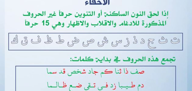 ما هي حروف الإخفاء الشفوي في الميم الساكنة